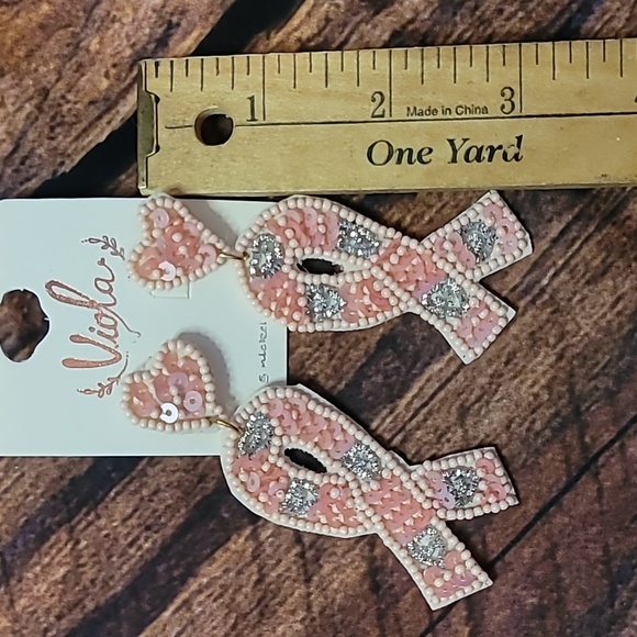 Pink Breast Cancer Ribbon Seed Bead Earrings - Picture 6 of 8